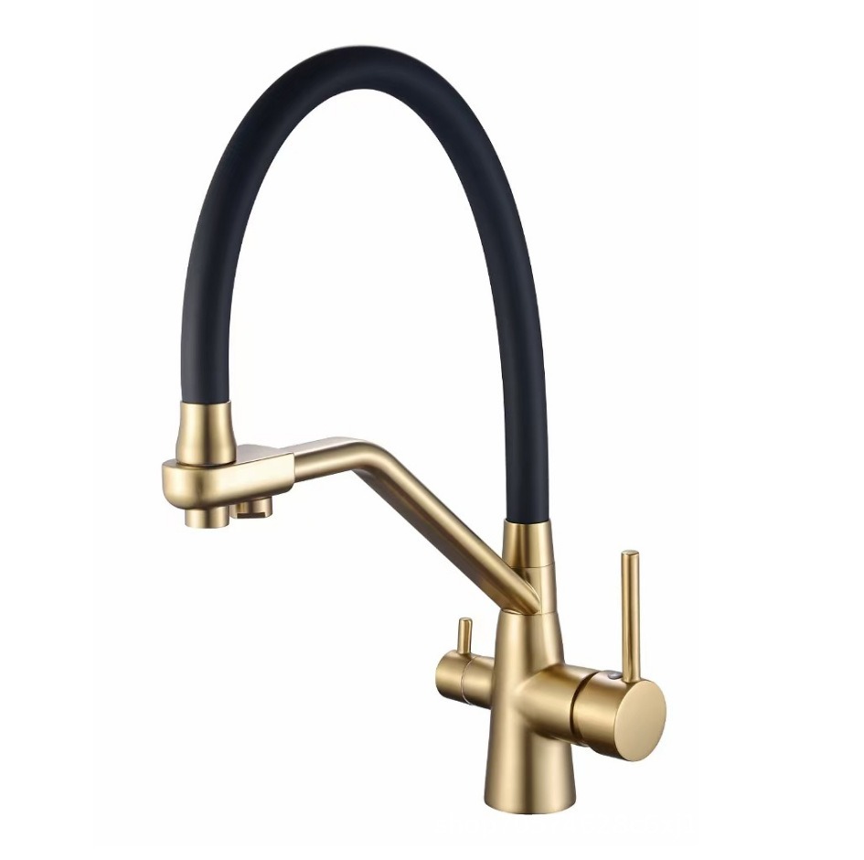 KSM-KF-RO02 Brushed Gold 3-Way Pull-Out Dual-Channel Filtered Drinking Water Kitchen Tap - Quanzhou Keshiman Sanitaryware Source Factory Wholesale (Low-Lead Solid Brass + Independent Pure Water Outlet, PVD Brushed Titanium Gold)