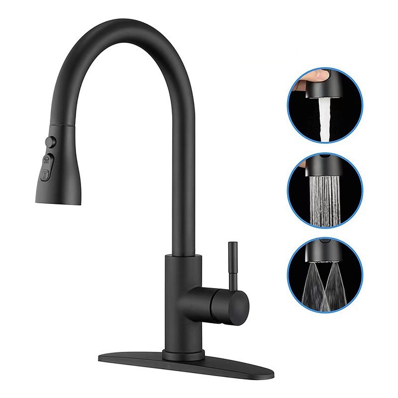KSM-KF-DB03 3-Mode High-Pressure Dual-Blade Sweep Pull-Out Kitchen Sink Mixer (Matte Black) - Quanzhou Keshiman Sanitaryware Source Factory Wholesale (Thickened Solid Brass / 304 Stainless + Nylon Quiet Hose, Matte Black Easy-Clean Nano Coating)
