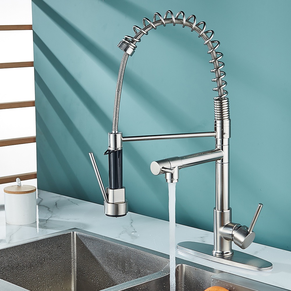 KSM-KF-SP01 Commercial Dual-Spout Spring Pull-Down Kitchen Mixer Faucet (Brushed Nickel) - Quanzhou Keshiman Sanitaryware Source Factory Wholesale (Thickened Low-Lead Solid Brass / SUS304 Waterway, Brushed Nickel + Anti-Oil Easy-Clean Nano Coating)