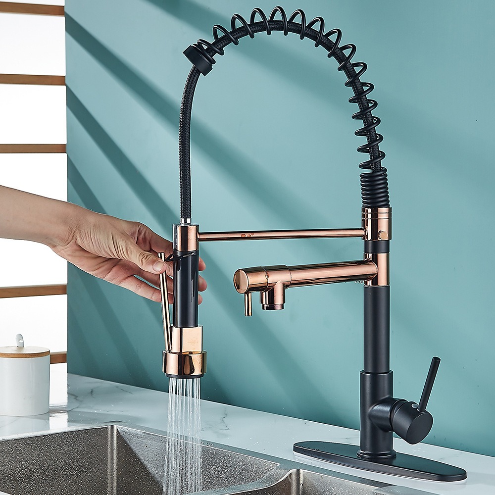 KSM-KF-SP03 Matte Black & PVD Rose Gold Dual-Spout Spring Pull-Down Kitchen Mixer - Quanzhou Keshiman Sanitaryware Source Factory Wholesale (One-Piece Gravity-Cast Solid Brass Body, Matte Black + Vacuum PVD Rose Gold Accents)