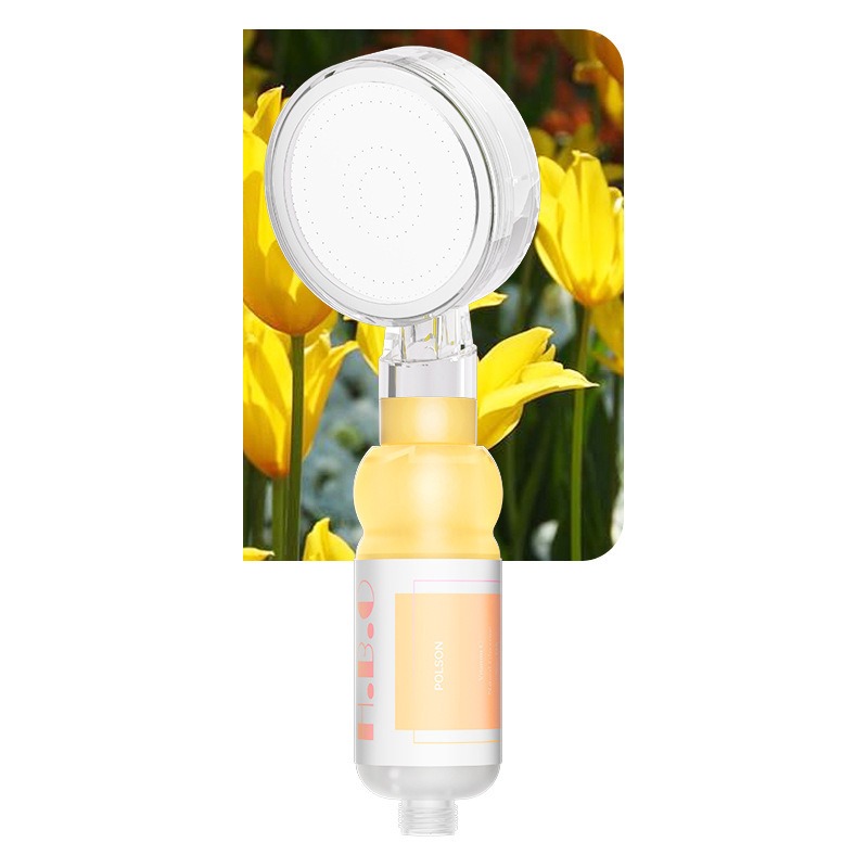 KSM-SH-VC978-YL Creamy Tulip Floral Vitamin C + Micron PP Dechlorinating Booster Shower - Quanzhou Keshiman Sanitaryware Source Factory Wholesale (Eco-ABS + 174-Hole × 0.32mm 304 Stainless Laser Plate, Warm Butter Yellow & Pearl White Finish)