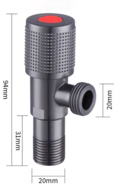 KSM-VL-AV01 Thickened 170g Gunmetal Grey Knurled G1/2 Angle Valve with 94mm x 31mm x 20mm Dimensional Callouts