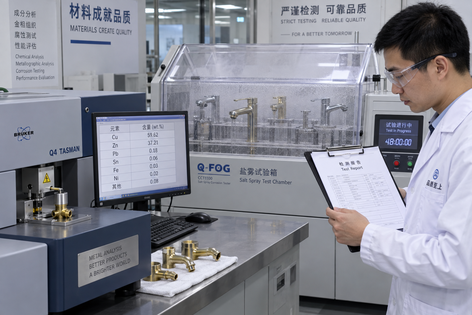 Q-FOG Acid Salt Spray Corrosion Test Chamber and Bruker Optical Emission Spectrometer Brass Composition Lab