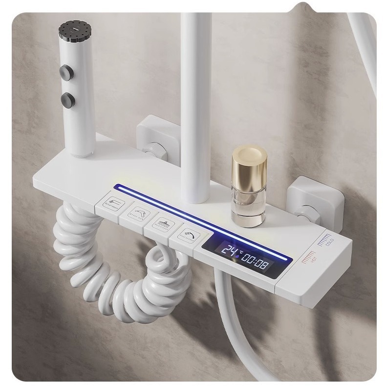 KSM-SS-TH01 Ambient LED Digital Display Piano-Key Thermostatic Rain Shower System with Handheld, Bidet Spray Gun, and Shelf