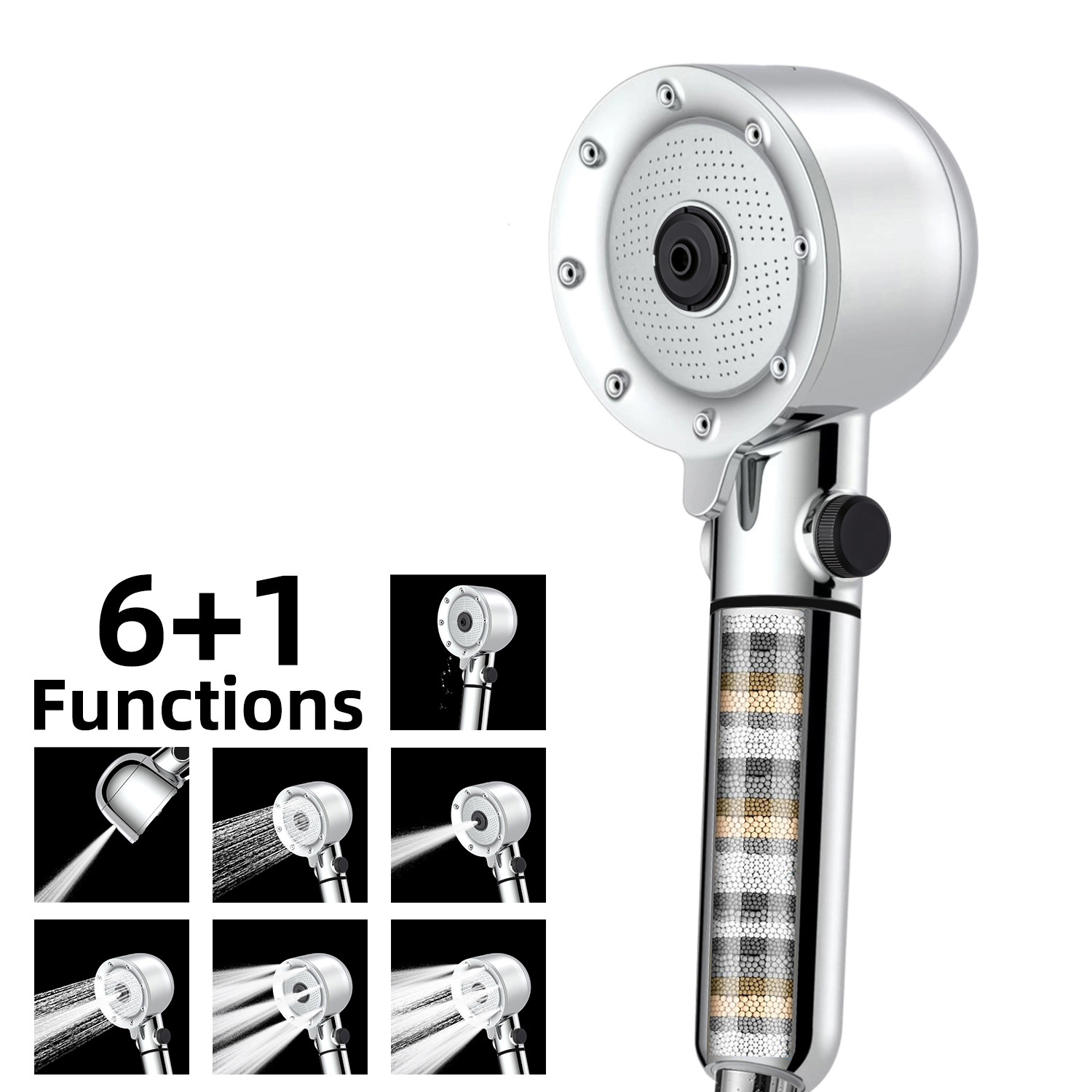 KSM-SH-VC01 6+1 Functions Microbubble Filtered Booster Shower Head with KDF-55, Calcium Sulfite, and Vitamin C replacement cartridge