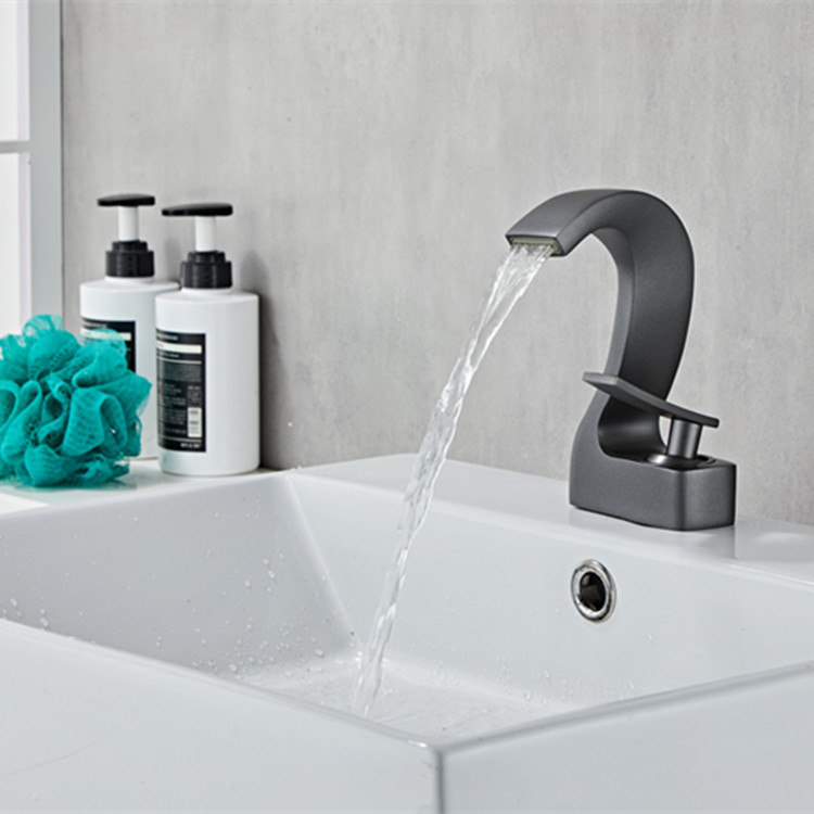 KSM-BF-WF01 Solid Brass Gunmetal Grey Waterfall Spout Single-Lever Bathroom Basin Mixer